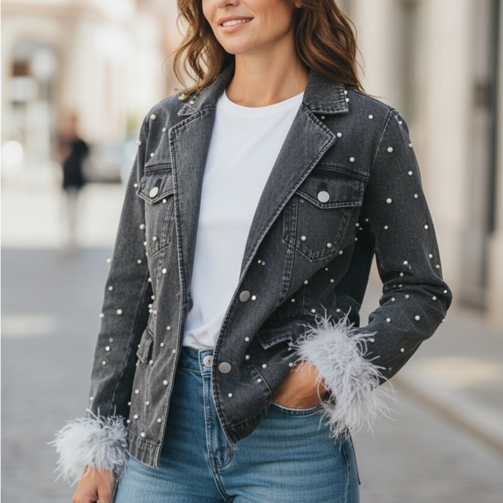 Peach Love California Black Denim Jacket with Pearl and Feather Details